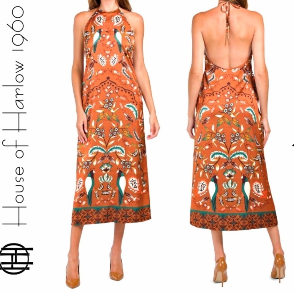 House of Harlow Satin Bird Halter Midi Dress Medium Resortwear Cruise Tropical